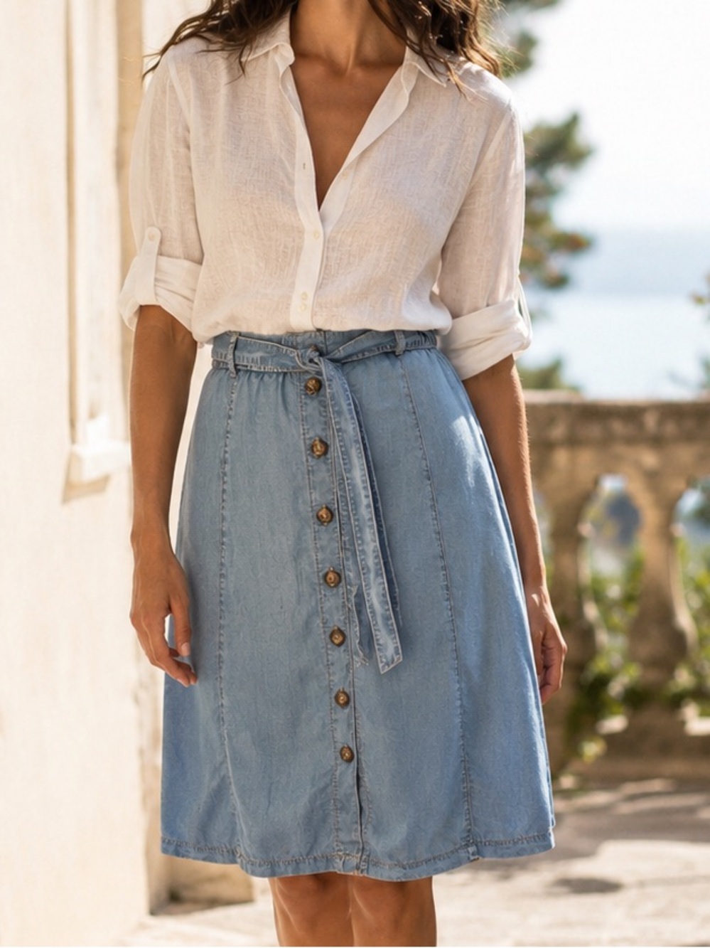 Armand Thiery Tencel Chambray Knee Length Skirt Blue Pull On Belted US 8-10/M